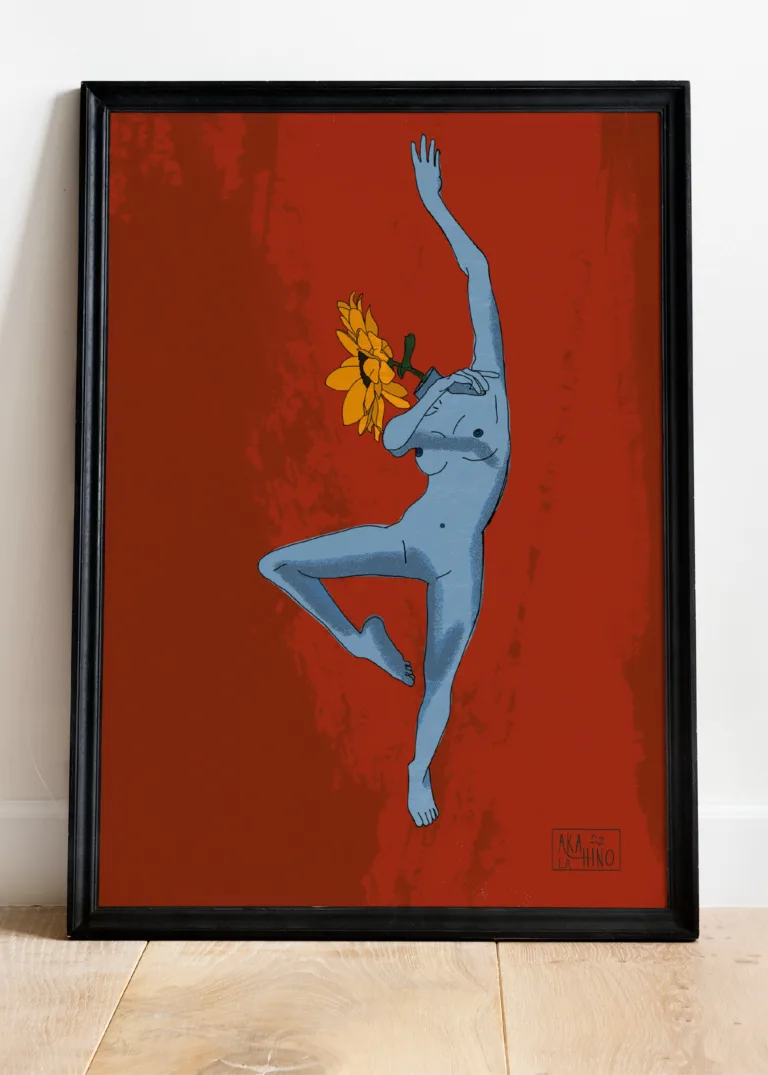 Affiche “La Danse du Tournesol” représentant une danseuse bleue stylisée avec un tournesol comme visage, sur fond rouge profond – Akahino Studio.